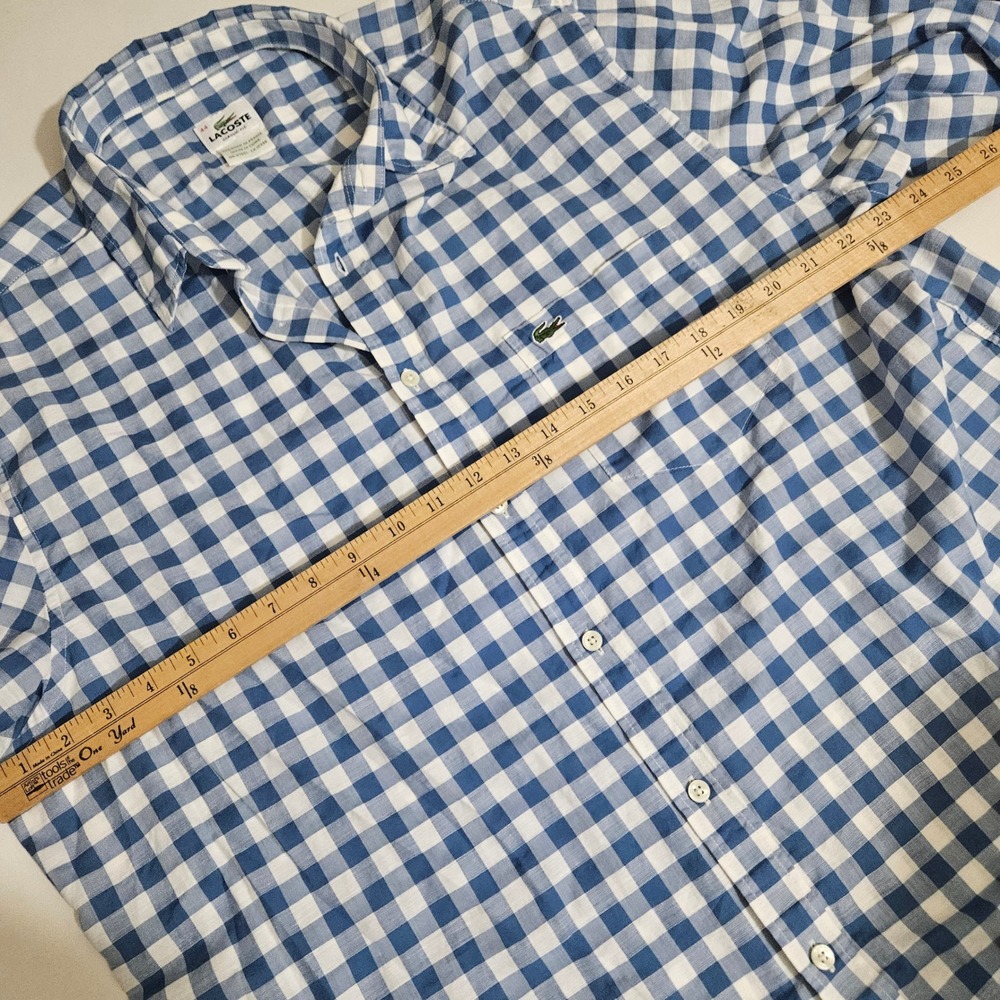 Lacoste Mens Blue White Gingham Check Button Down Shirt Classic Fit Size 44 - Picture 4 of 5